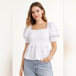 Hill House White Puff Sleeve Smocked Blouse